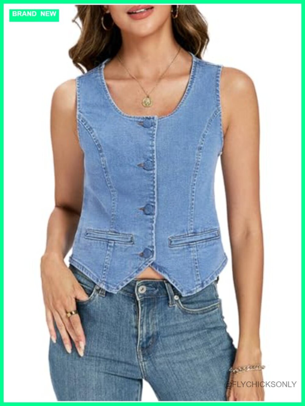 Sleeveless Button Down Crop Denim Vest Square Neck Slim Fit Jean Waistcoat